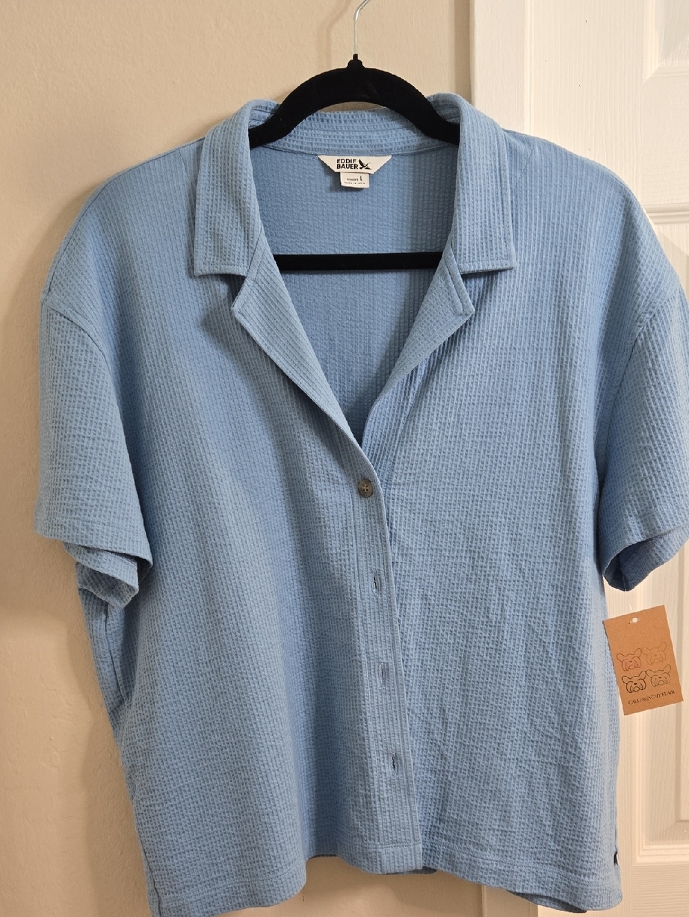Eddie Bauer Light Blue Waffle-Textured Short Sleeve Button-Down